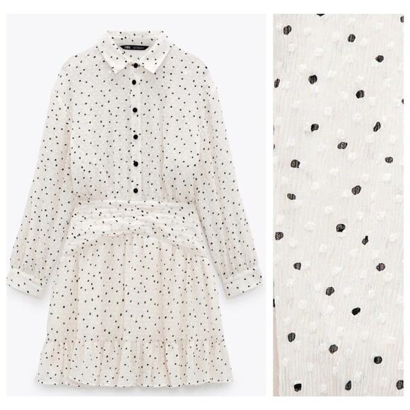Zara Cream Black Dotted Swiss Long Sleeve 1/2 Button Collared Ruffle Hem Dress - Picture 1 of 14